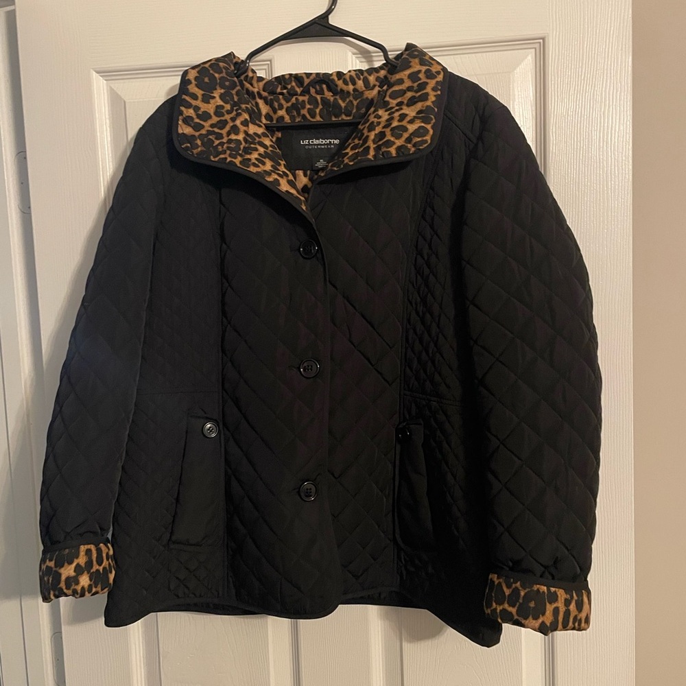 Liz Claiborne Black and Brown Puffer Jacket with Leopard Trim